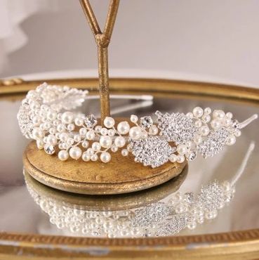 Silver, cream pearl and crystal leaf design tiara