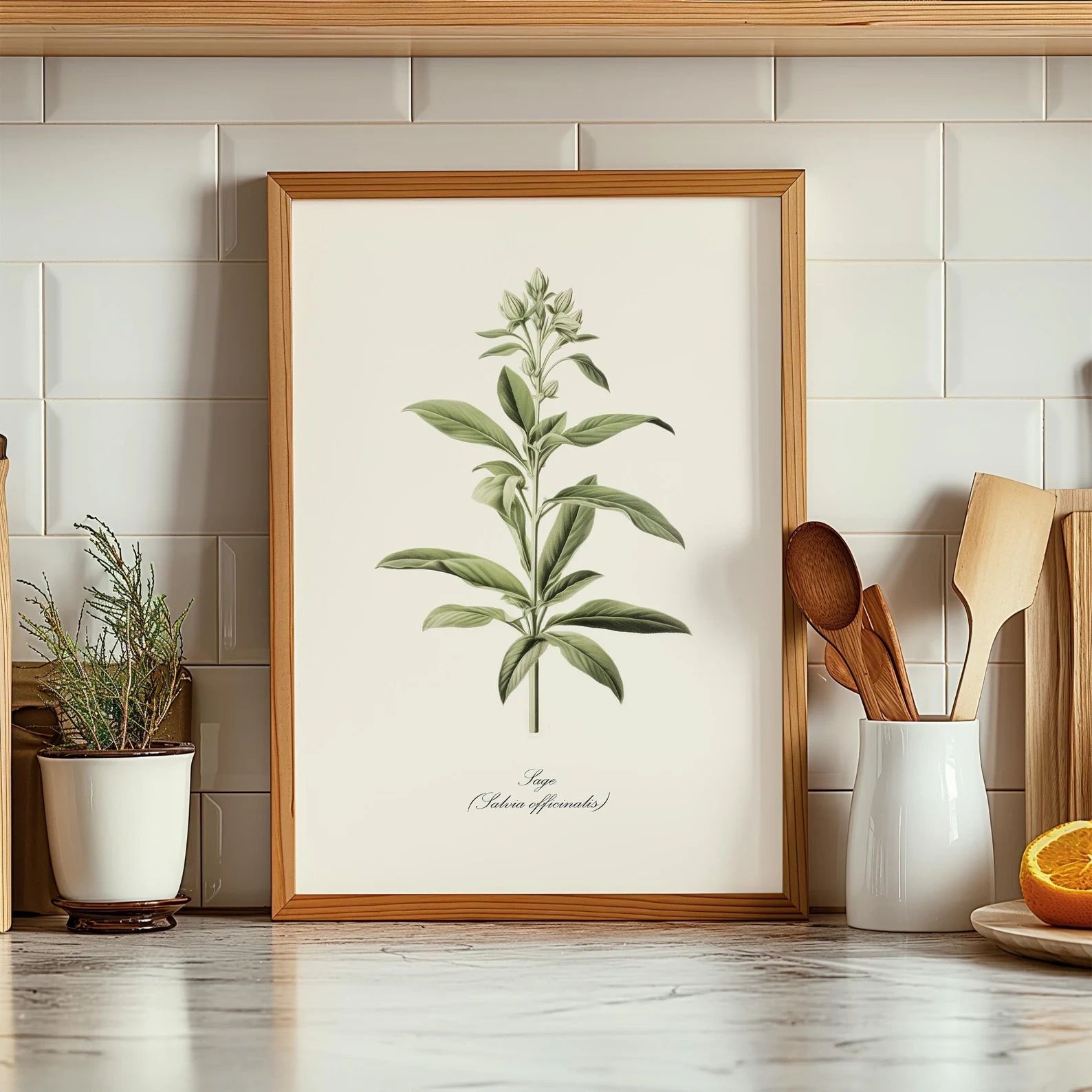 Botanical art of sage in wooden frame on kitchen counter.