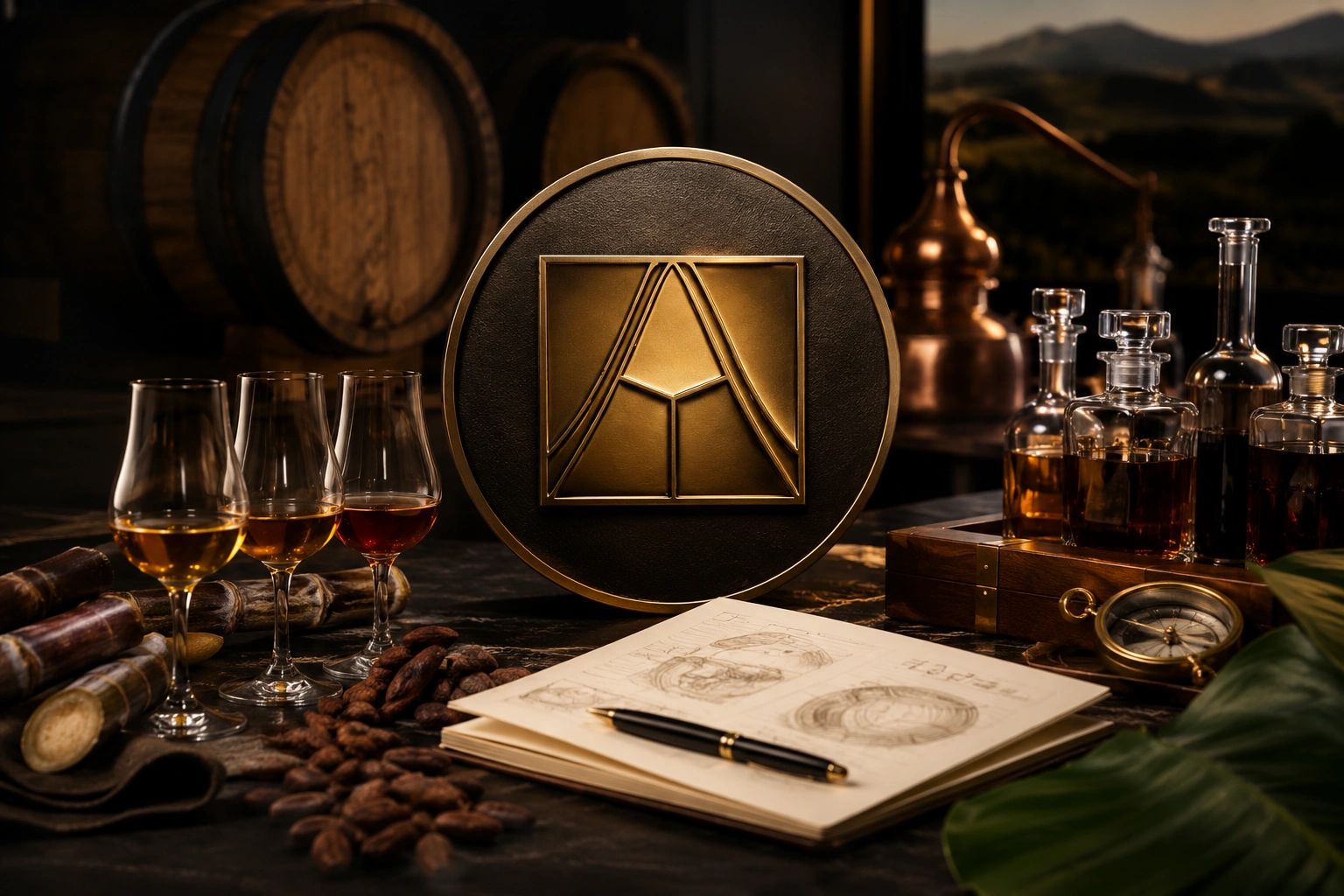 Luxurious setup with whiskey glasses, cocoa beans, and distillery equipment.
