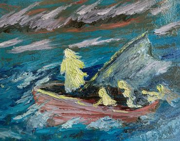 Jesus and disciples in a boat in a storm.