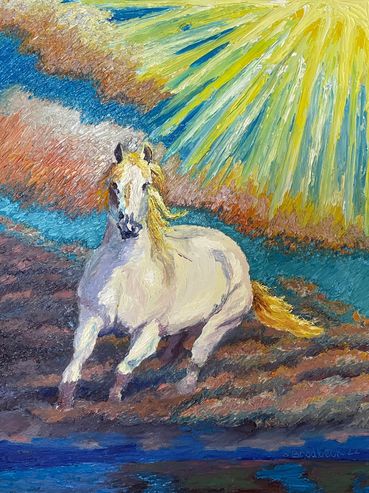 Jesus portrayed on a white horse coming to our rescue from Heaven. Horse from photograph reference.
