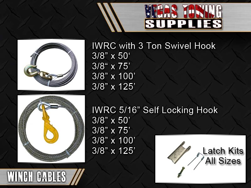 Tow Truck Cables  IWRC 3 Ton Swivel Hook & IWRC 5/16 Self