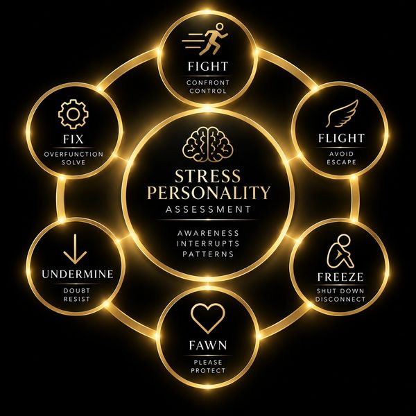 Diagram of stress personality assessment with six coping styles.