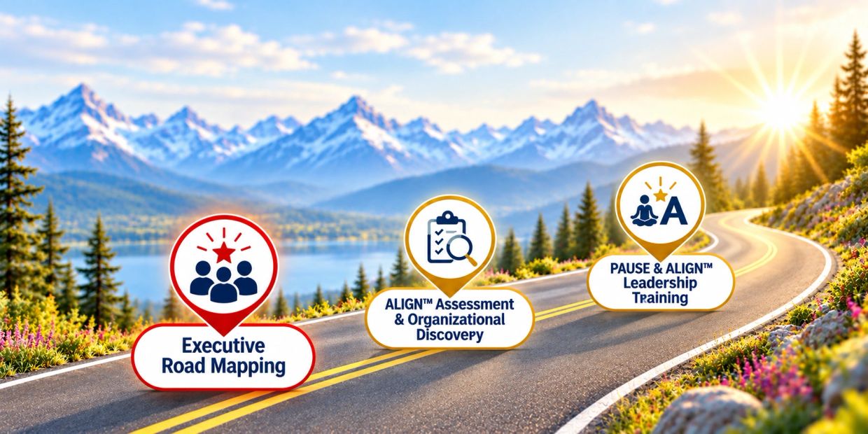 Road map with three leadership training stages against mountain backdrop.