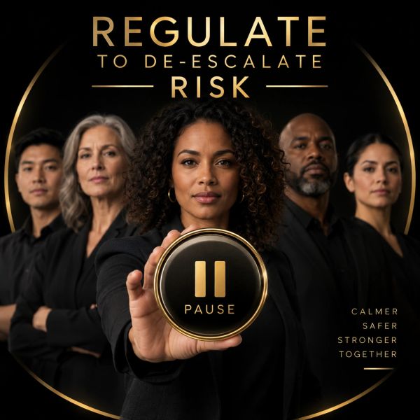 Diverse group promoting risk regulation with a pause symbol.