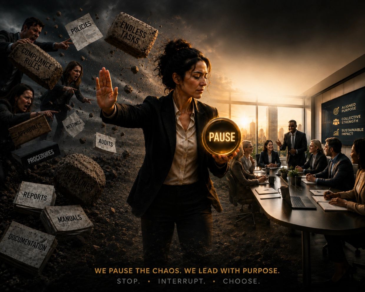 Woman pausing chaos to focus on purposeful leadership.