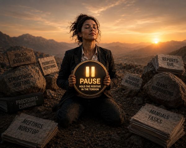 Person holding a pause sign amidst changing work demands at sunset.