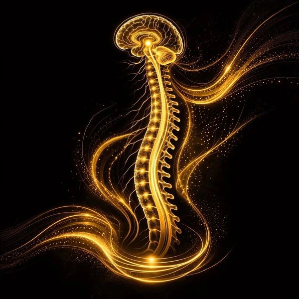 Glowing golden illustration of brain and spinal cord.