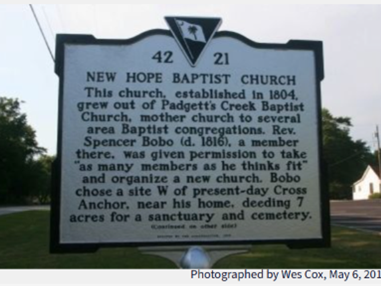 Historical marker for New Hope Baptist Church established in 1804 in Padgett's Creek area.