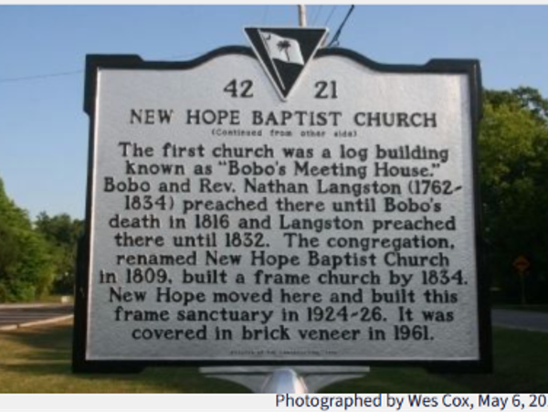 Historic marker for New Hope Baptist Church detailing its origins and development.