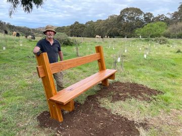 Wooden seating installed at Meikles Point Discovery Walk Werribee Gorge State Park