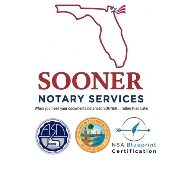 Logo for Sooner Notary Services with Florida map, certifications, and tagline.