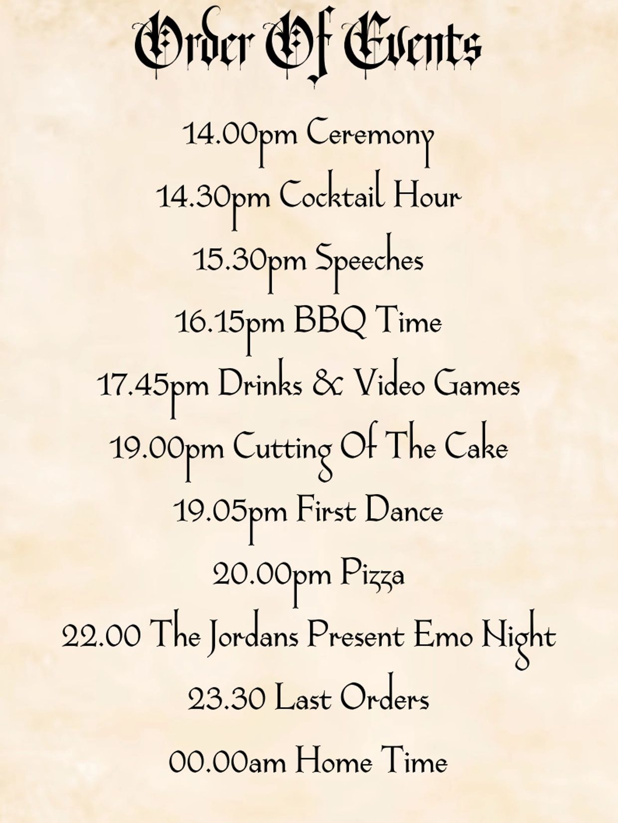 Wedding event schedule with ceremony, speeches, BBQ, and entertainment.