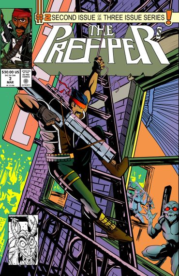 Comic cover of The Prepper's second issue showing an armed man rappelling with monsters inside a building.