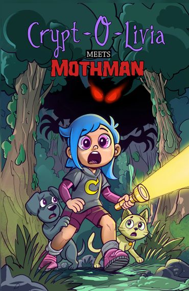 Crypt-O-Livia explores the woods with pets, facing the shadowy Mothman.