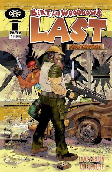 Two armed men stand back-to-back in a post-apocalyptic setting on a comic cover.