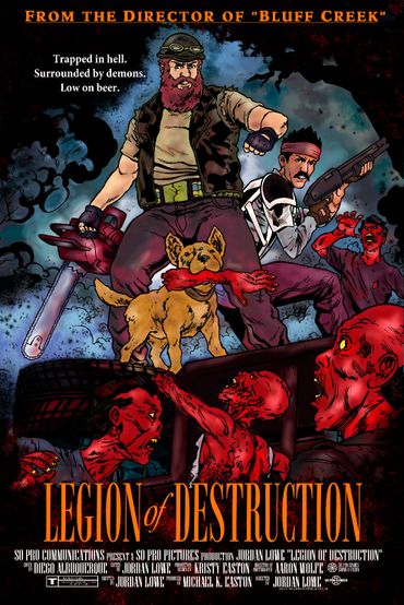 Comic-style poster with a chainsaw-wielding hero, armed ally, and dog fighting red demons.