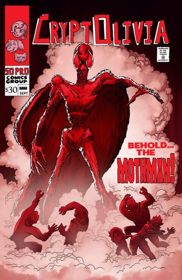 Comic cover showing a giant red Mothman emerging from smoke, alarming people.