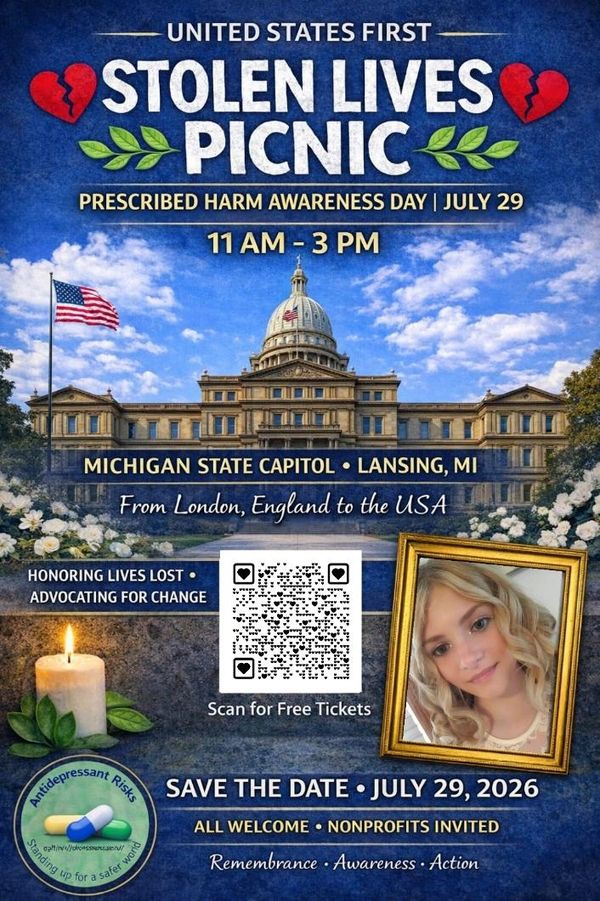 Event poster for Stolen Lives Picnic on July 29, 2026, at Michigan State Capitol.