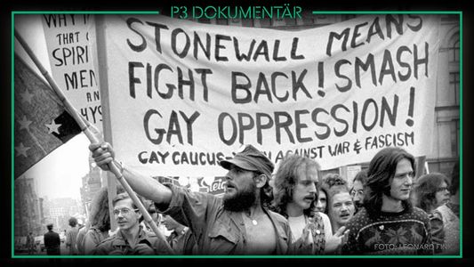 Gay rights march, men and banners. Photo: Leonard Fink