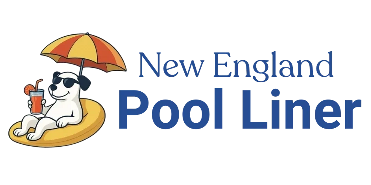 A relaxed dog with sunglasses lounging on a float under an umbrella with a drink, next to New England Pool Liner text.
