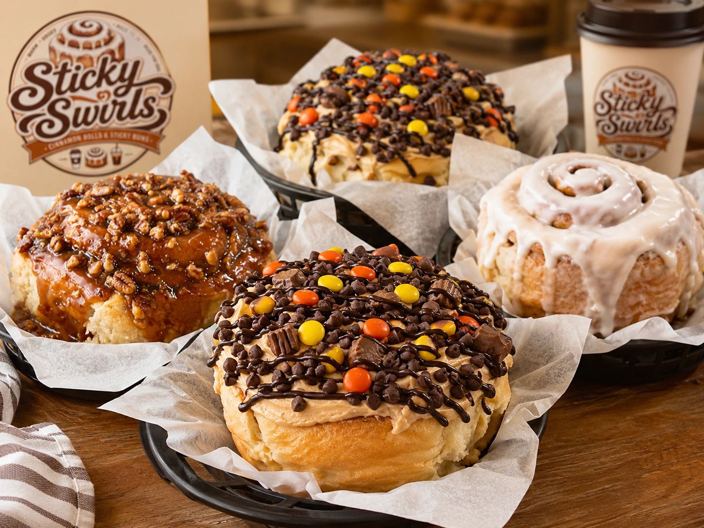 Sticky Swirls pecan sticky bun, peanut butter explosion rolls, and classic glazed cinnamon roll.