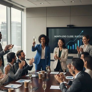 Business team celebrating a successful month-end close with applause and champagne.