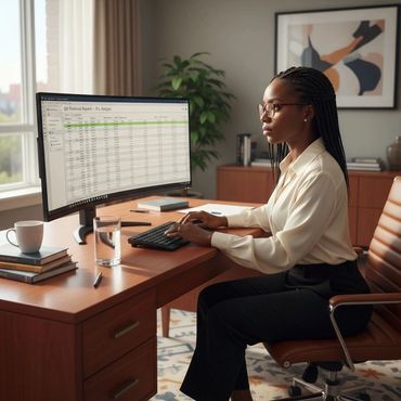 Professional woman analyzing financial data on a curved monitor at her desk.