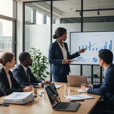Businesswoman presenting data to colleagues in a meeting room.