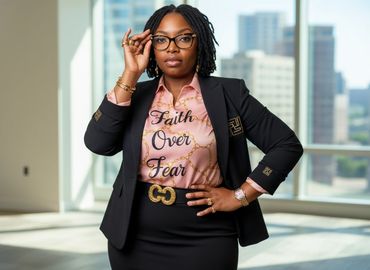 Confident woman in business attire with 'Faith Over Fear' shirt and glasses.