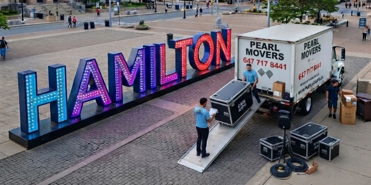 Moving crew unloading equipment in front of Hamilton sign.