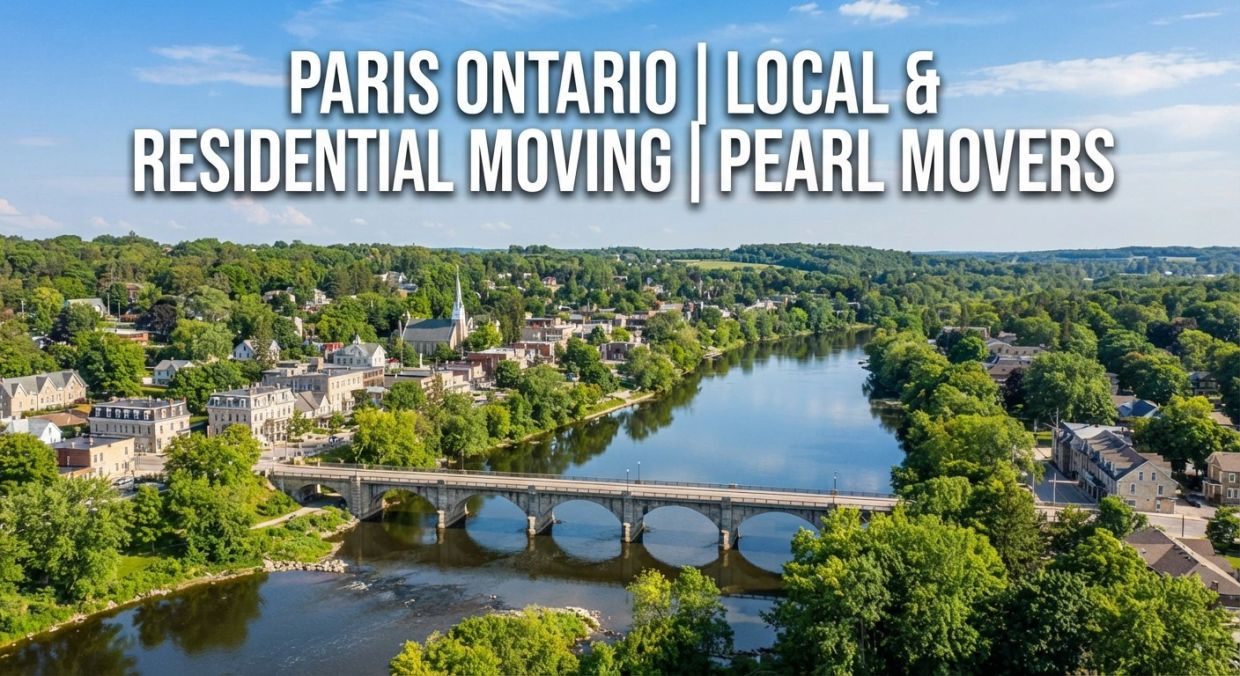 Aerial view of Paris, ON, with the Grand River and historic bridge surrounded by lush green trees.