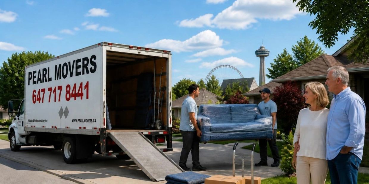 Two movers carrying a sofa near a moving truck with a couple watching.