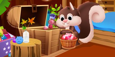 Sammy places the berries Farmer Bill gave him in the storage bin inside his room.