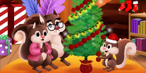 Mama and Papa Squirrel celebrate with Sammy with the garland he made from the cranberries.
