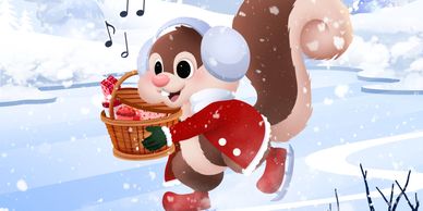 Sammy sings Christmas carols as he delivers each basket of goodies he made for the other animals.
