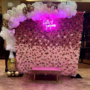 ombre pink flower wall with champagne bubble balloon garland accent by dawn gilmore productions