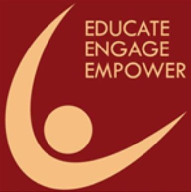 Stylized figure with the words Educate Engage Empower on a maroon background.