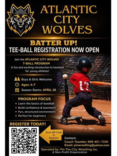 Atlantic City Wolves tee-ball registration now open for ages 4-7.