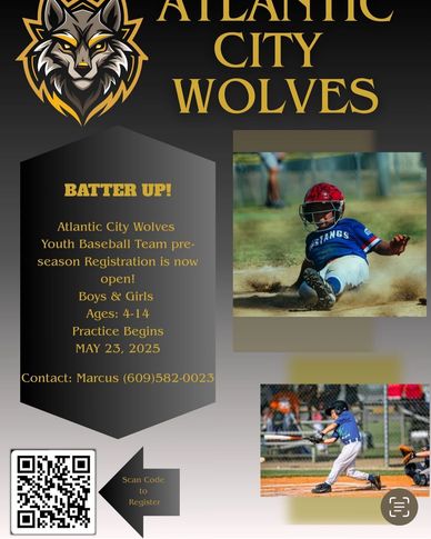 Atlantic City Wolves youth baseball registration flyer with action photos.
