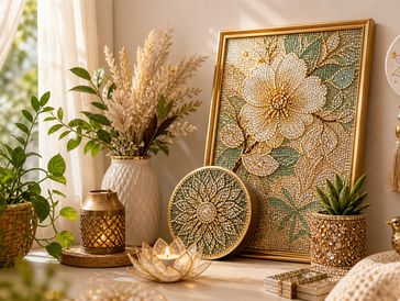 Elegant floral bead art with decorative vases and candle holders on a table.