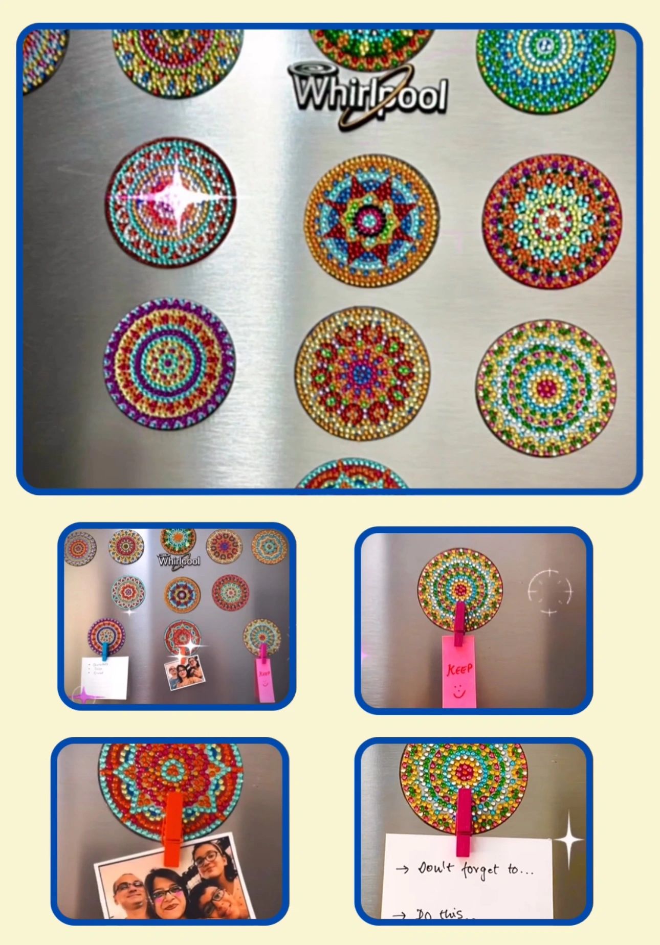 Colorful circular magnets holding notes and photos on a Whirlpool metallic surface.