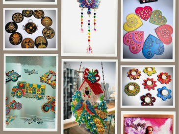 A collage of colorful handmade crafts and decorations.