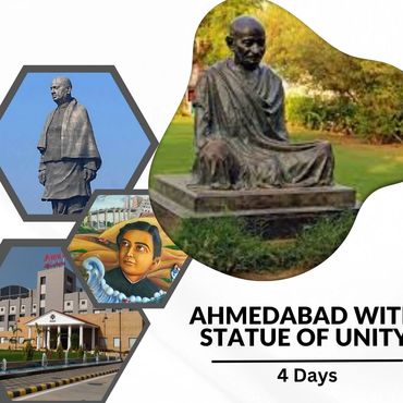 Collage of Ahmedabad landmarks including the Statue of Unity and local statues.