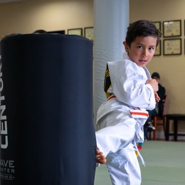 A 5 year old boy kicking a martial arts pad. He trains in our karate kids program.