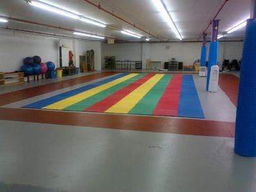 Empty exercise room with colorful mats and fitness balls.