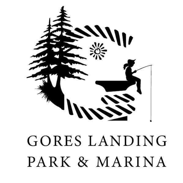 Black and white logo featuring a fish, trees, a sun, and a person fishing.
