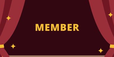 The word MEMBER in bold gold letters with red curtains and stars around.