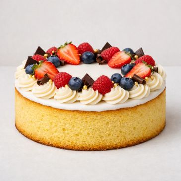 A round vanilla cake topped with cream, fresh berries, and chocolate pieces.