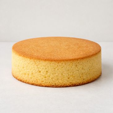 Round sponge cake with golden top and light texture.